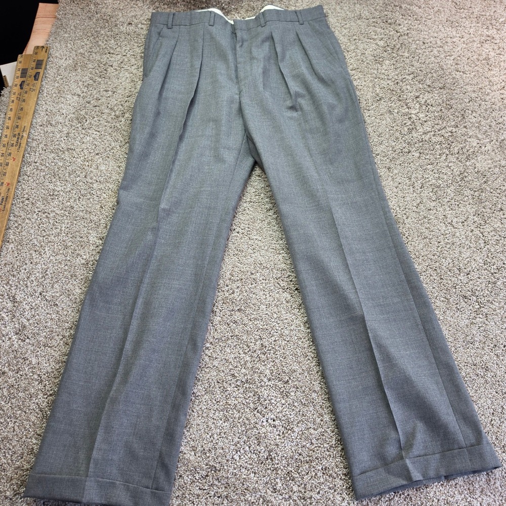 VINTAGE L.L. Bean Trousers Mens 38 Gray Wool Pleated Cuffed Dress Pants USA Made